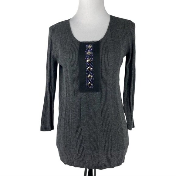 Adrienne Vittadini Womens NWT Grey Ribbed Embellished Scoop Neck Tunic Top M/C36 - Picture 1 of 9